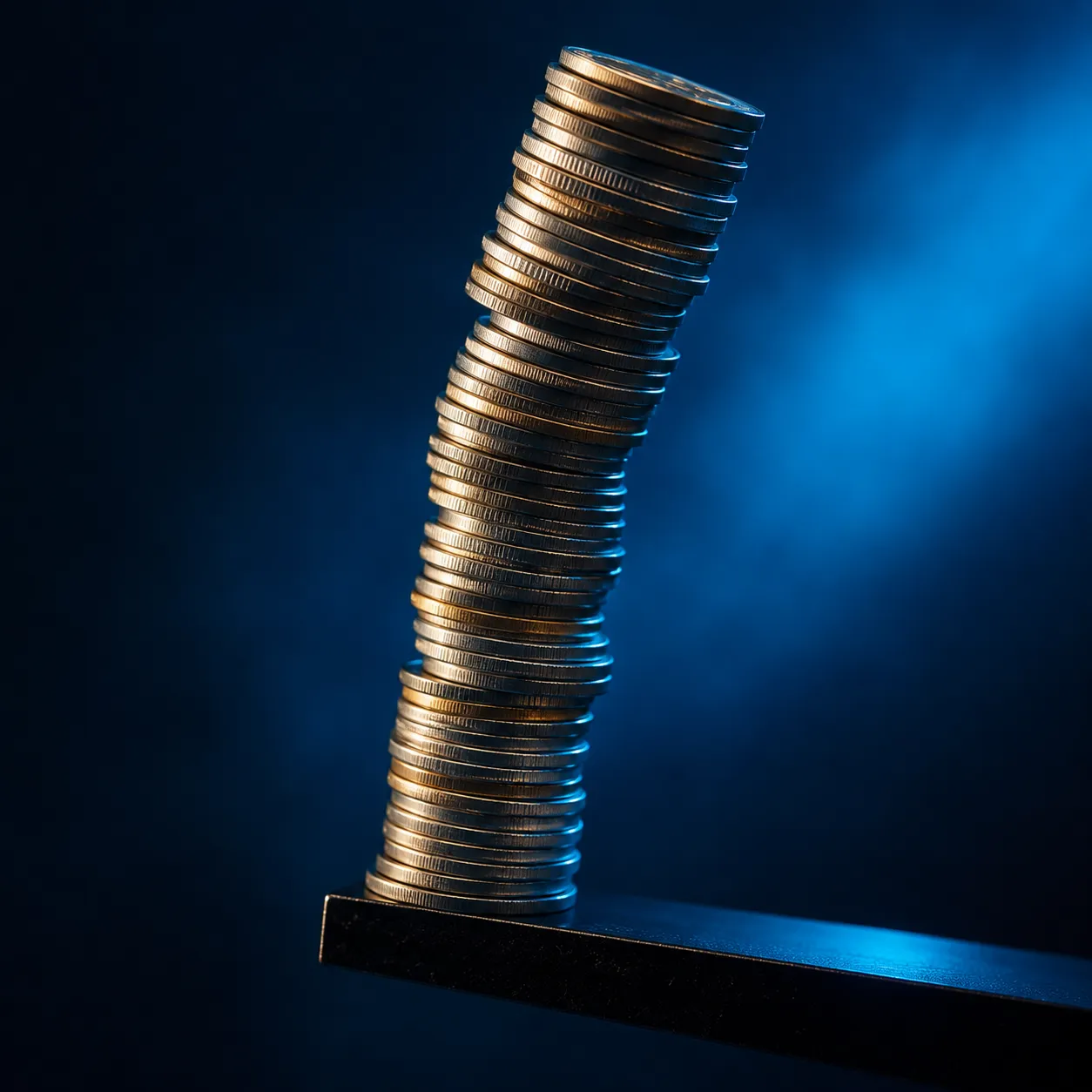 A precarious tall stack of coins about to topple, representing high leverage risk