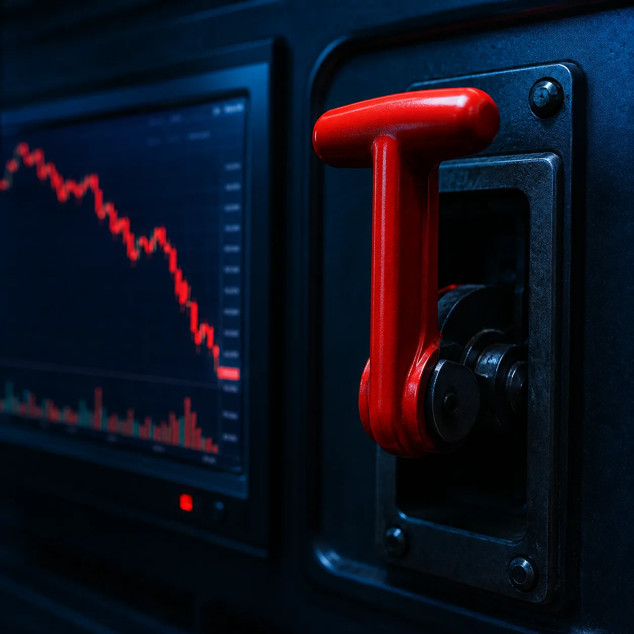 A red emergency brake handle next to a falling crypto chart, symbolising a missing stop-loss