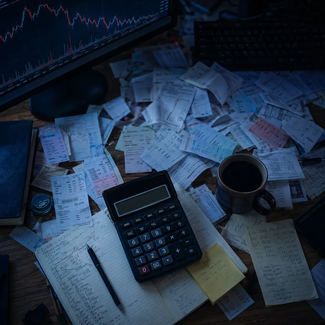 A messy trader's desk with countless order tickets and a calculator showing tax deductions