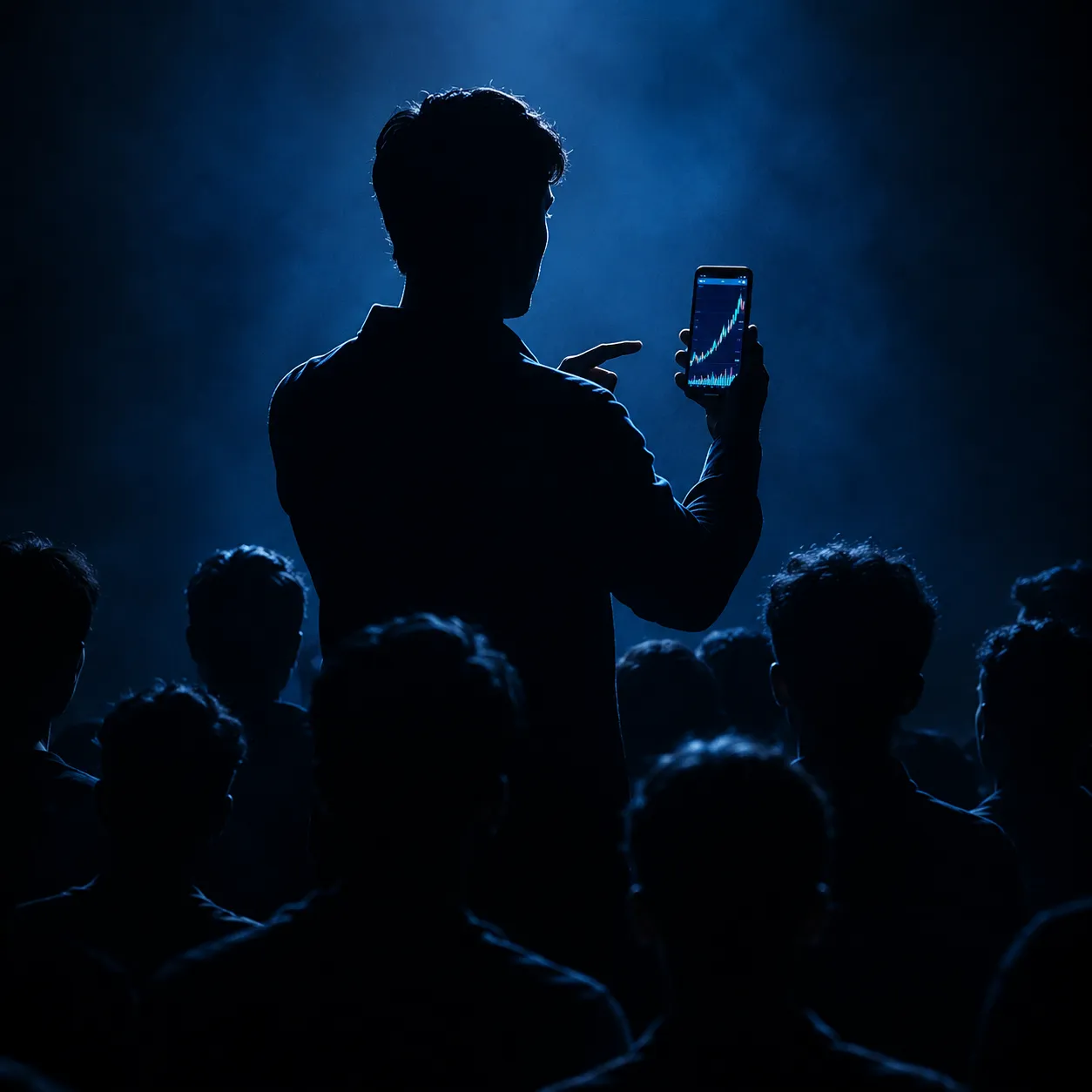 A faceless influencer pointing at a chart on a phone, symbolising tip-based trading