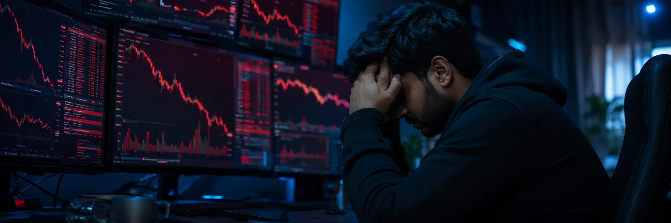 A panoramic photoreal scene of an Indian crypto beginner overwhelmed by a wall of red falling charts