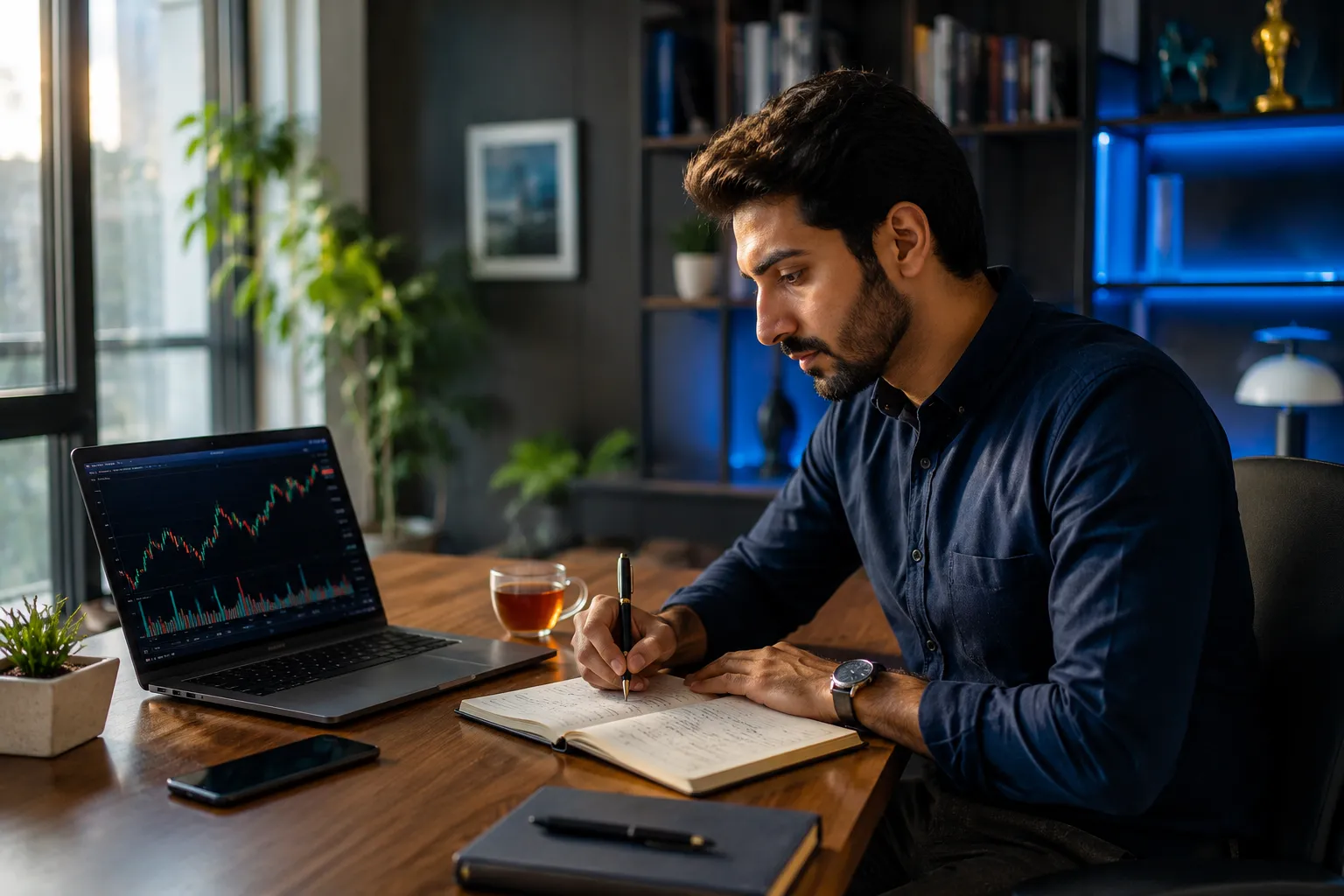 A composed Indian trader calmly reviewing a written trading plan in a notebook beside a laptop