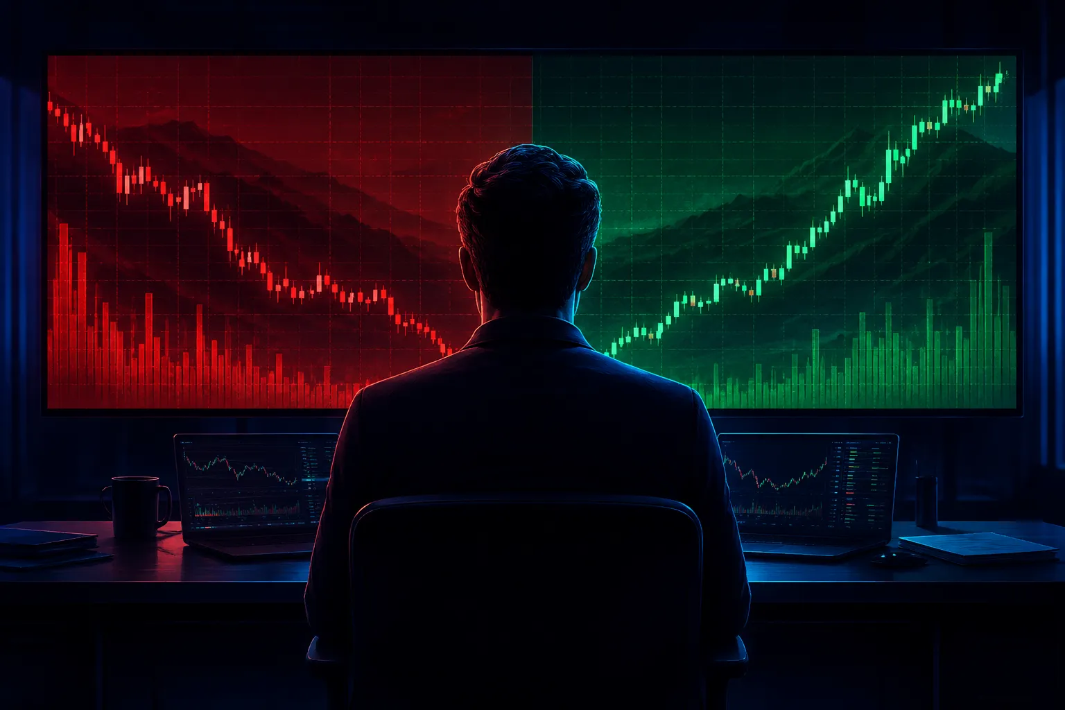 Crypto trader pausing to think calmly amid a volatile market chart, weighing fear against greed