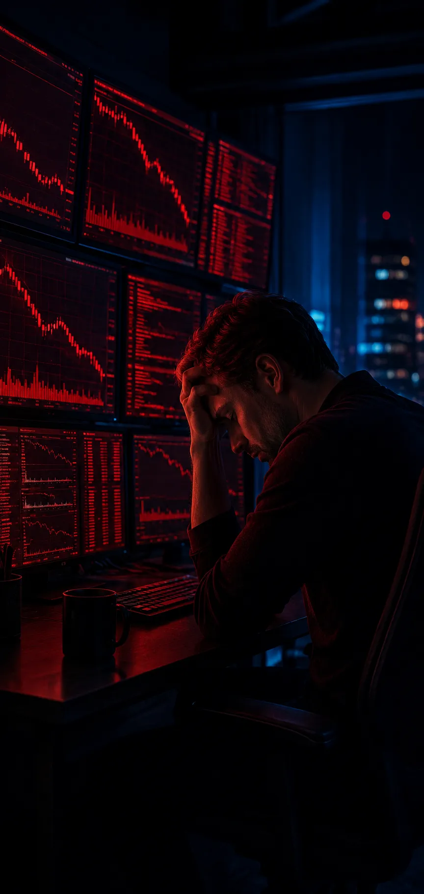 A crypto trader looking stressed at a wall of red falling charts late at night