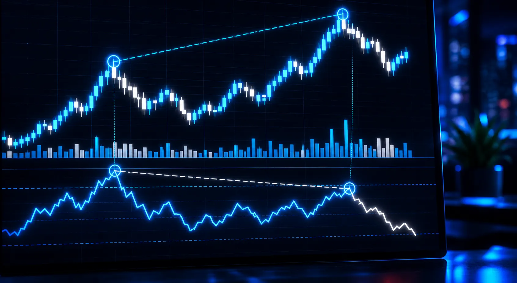 Crypto chart showing price making a higher high while the RSI line makes a lower high, illustrating bearish divergence