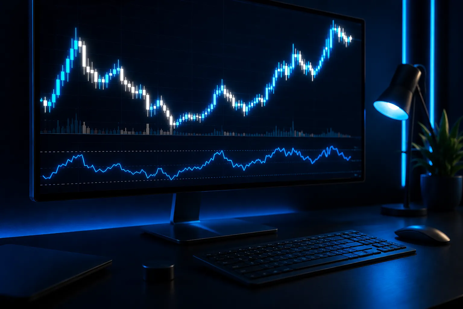 Trading screen showing a crypto price chart with an RSI momentum line beneath it