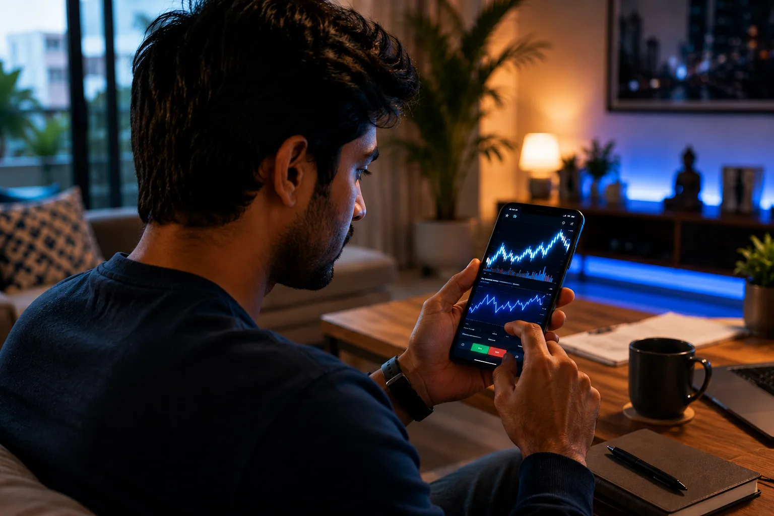 Indian trader studying an RSI indicator on a phone with an Indian crypto exchange app open
