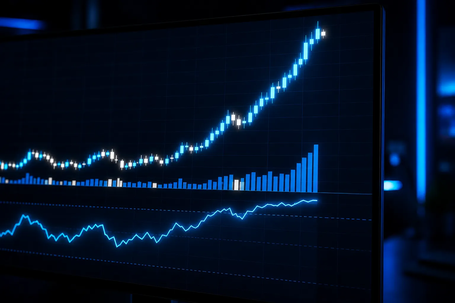 Close-up of a crypto chart where the RSI line stays above the 70 level during a strong rally