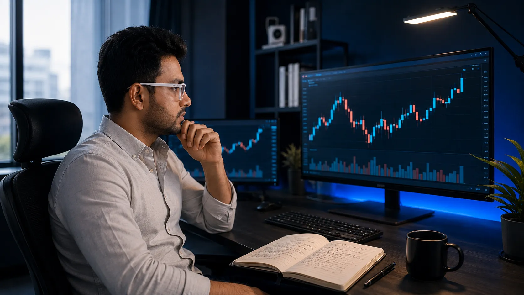A premium photoreal cinematic shot of a calm Indian trader reviewing a multi-day crypto chart on a clean desk