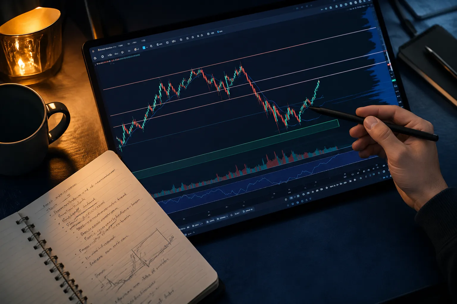 A clean daily crypto chart on a quiet trading desk showing support and resistance levels marked, with a notebook beside it