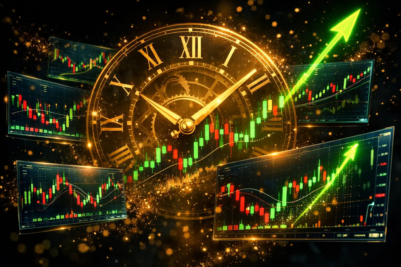 Golden session clock over intraday candlestick chart — complete day trading strategy for crypto