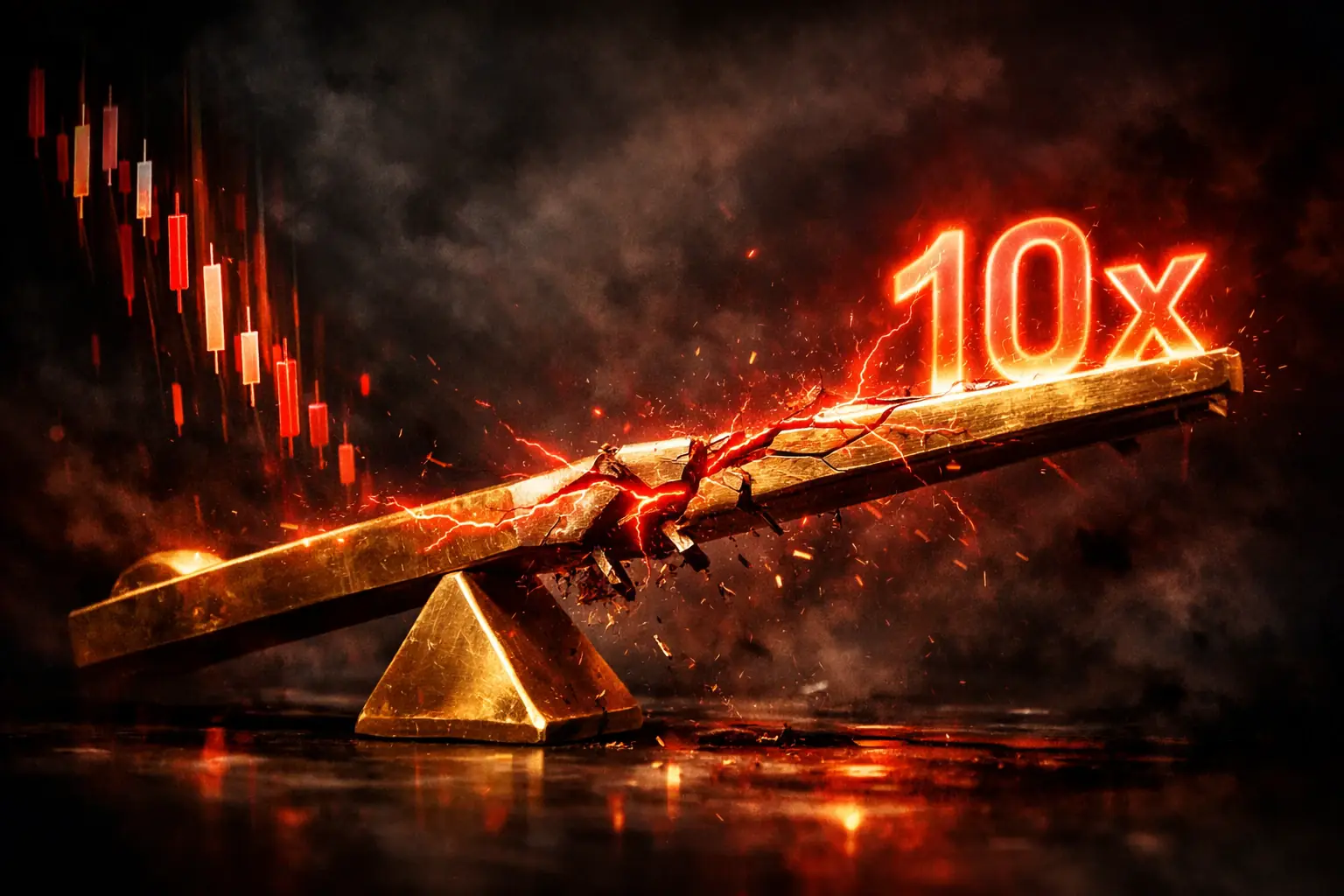 Golden scales balancing reward and liquidation risk over candlestick chart — complete crypto leverage guide