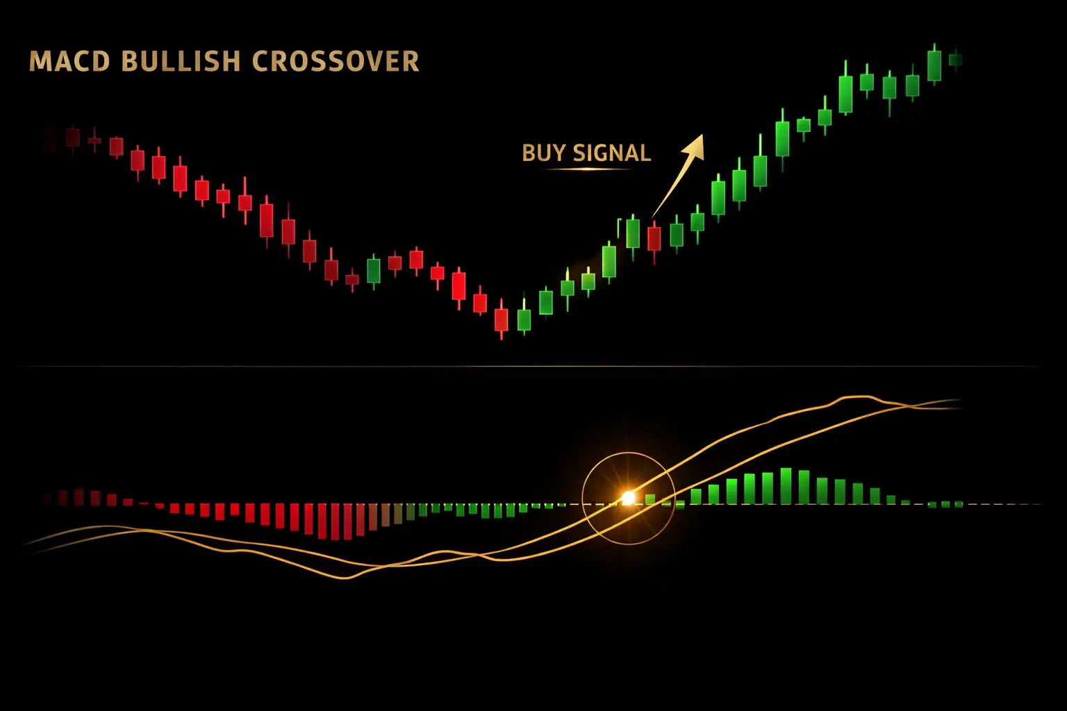 MACD bullish crossover trade setup — signal line cross confirming buy entry