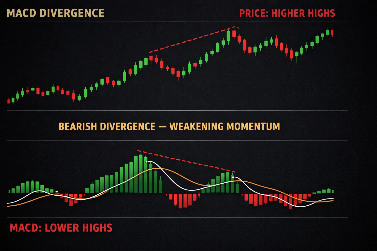 MACD bearish divergence with price making higher highs while MACD makes lower highs