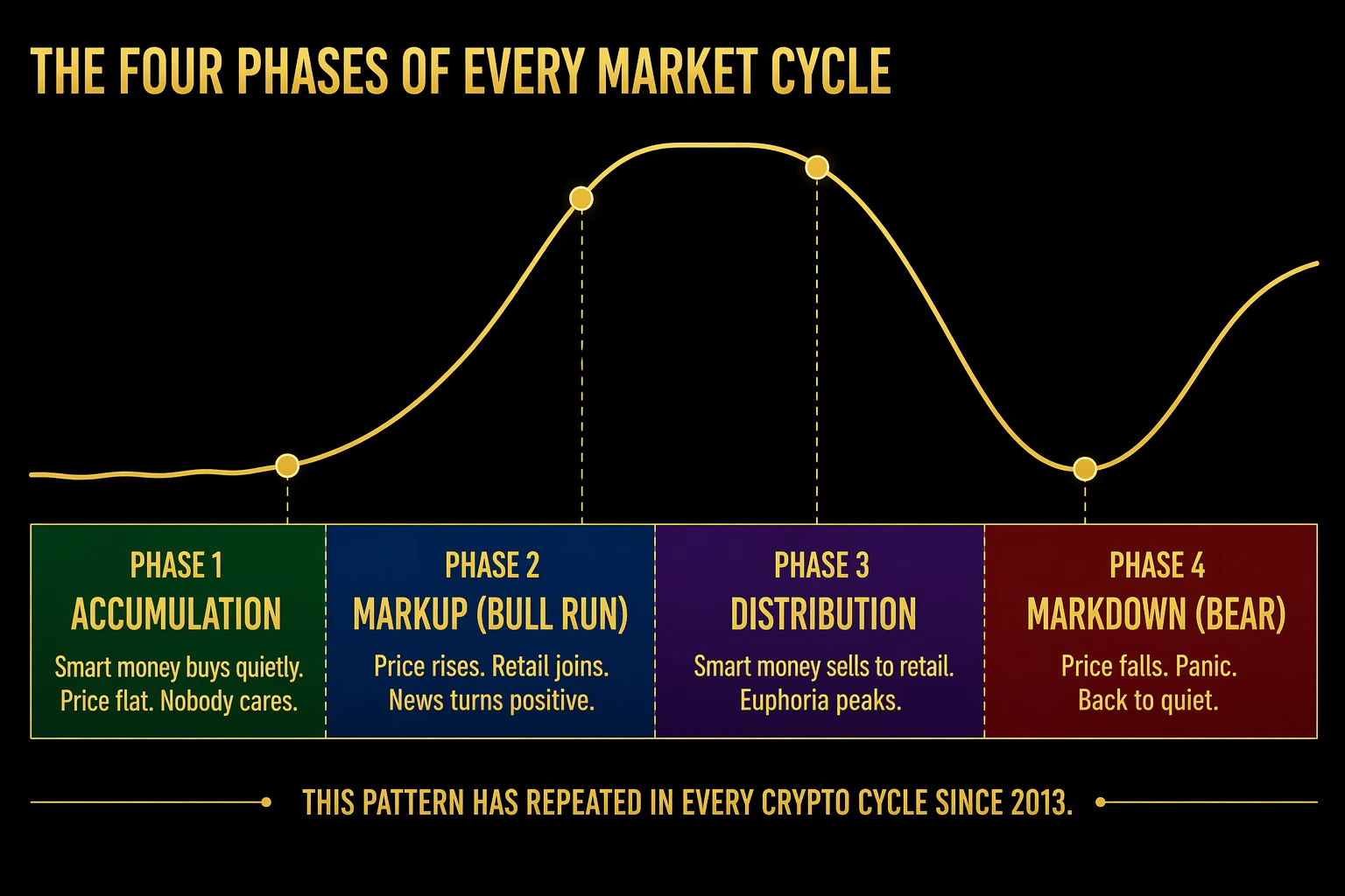 Four phases of a crypto market cycle shown on a wavy curve including accumulation markup distribution and markdown with phase descriptions