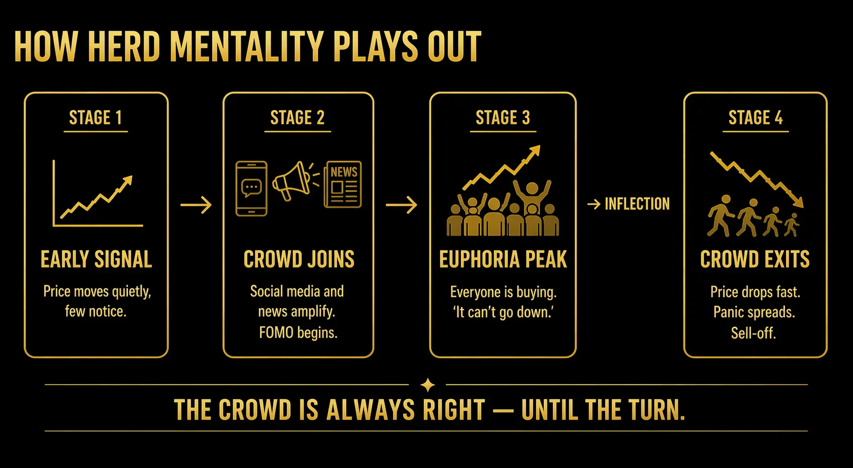 Four stage flow diagram showing herd behavior in markets from early signal to crowd joining to euphoria peak to crowd exit
