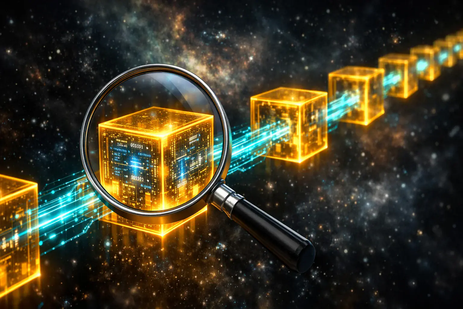 Golden blockchain cubes linked in a chain on dark studio background — on-chain analysis complete beginner guide