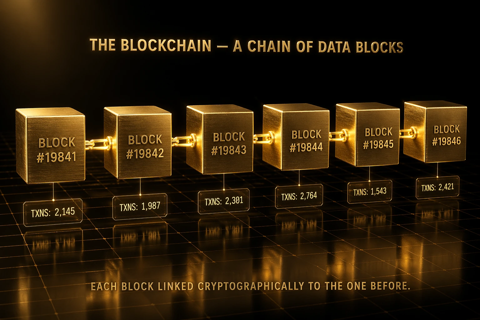 3D render of golden blockchain cubes linked in a chain with block numbers and transaction data visible — on-chain data visualization