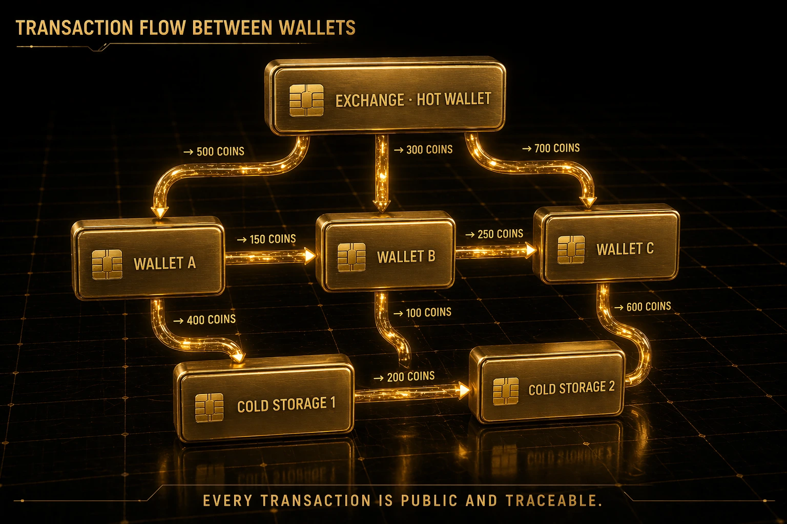 3D render showing transaction flow between exchange hot wallets intermediate wallets and cold storage wallets with amounts and directions