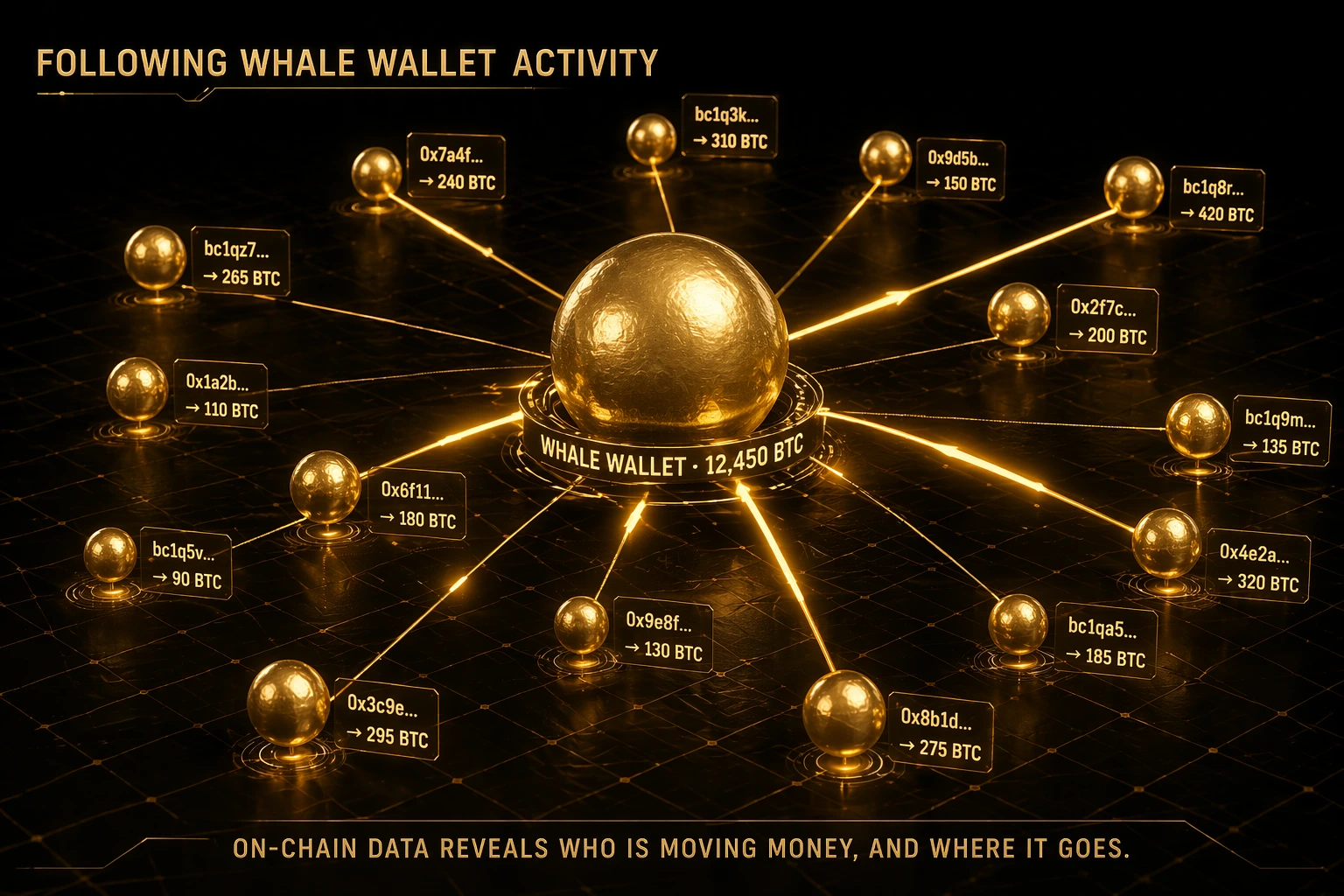 3D render showing whale wallet at center connected to smaller wallet nodes by gold lines with transaction amounts visible