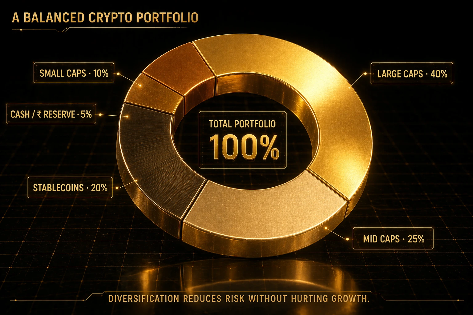 3D render of golden portfolio allocation donut showing large caps mid caps stablecoins small caps and cash reserve segments