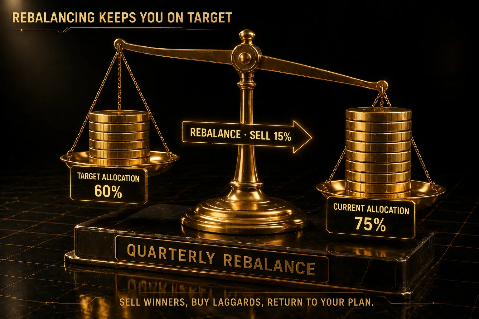 3D render of golden balance scale with coin stacks showing portfolio rebalancing from current allocation back to target allocation