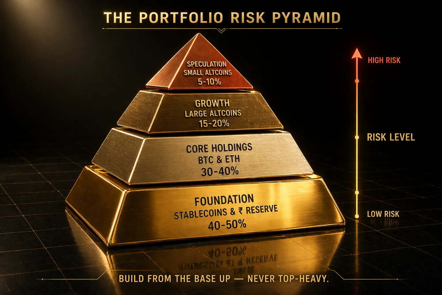 3D render of golden stepped pyramid showing portfolio risk levels with stablecoins at base then BTC ETH core large altcoins and speculation at top