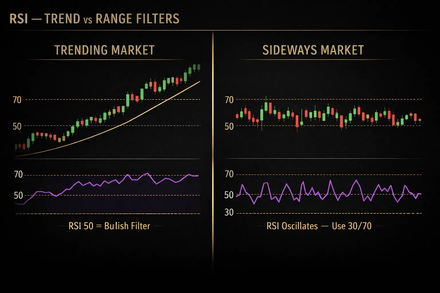 RSI trend versus range market comparison — how RSI behaves in trending versus sideways crypto markets