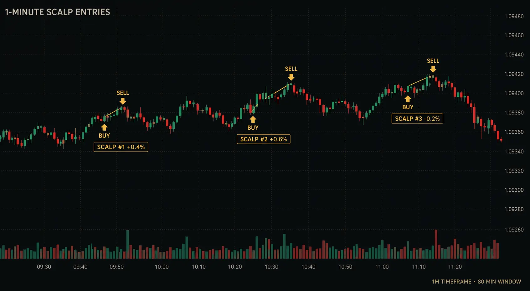 1 minute candlestick chart showing three scalp trade entries and exits with percentage profit labels