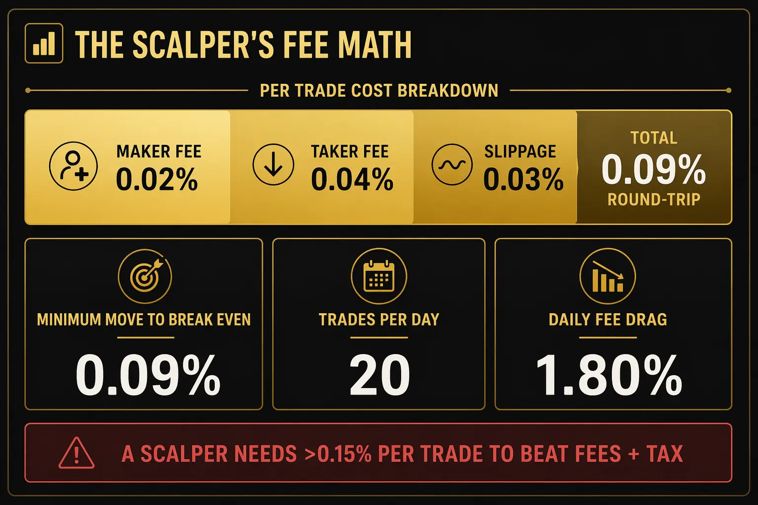 Scalping fees and breakeven math showing maker taker fees slippage and daily fee drag percentages