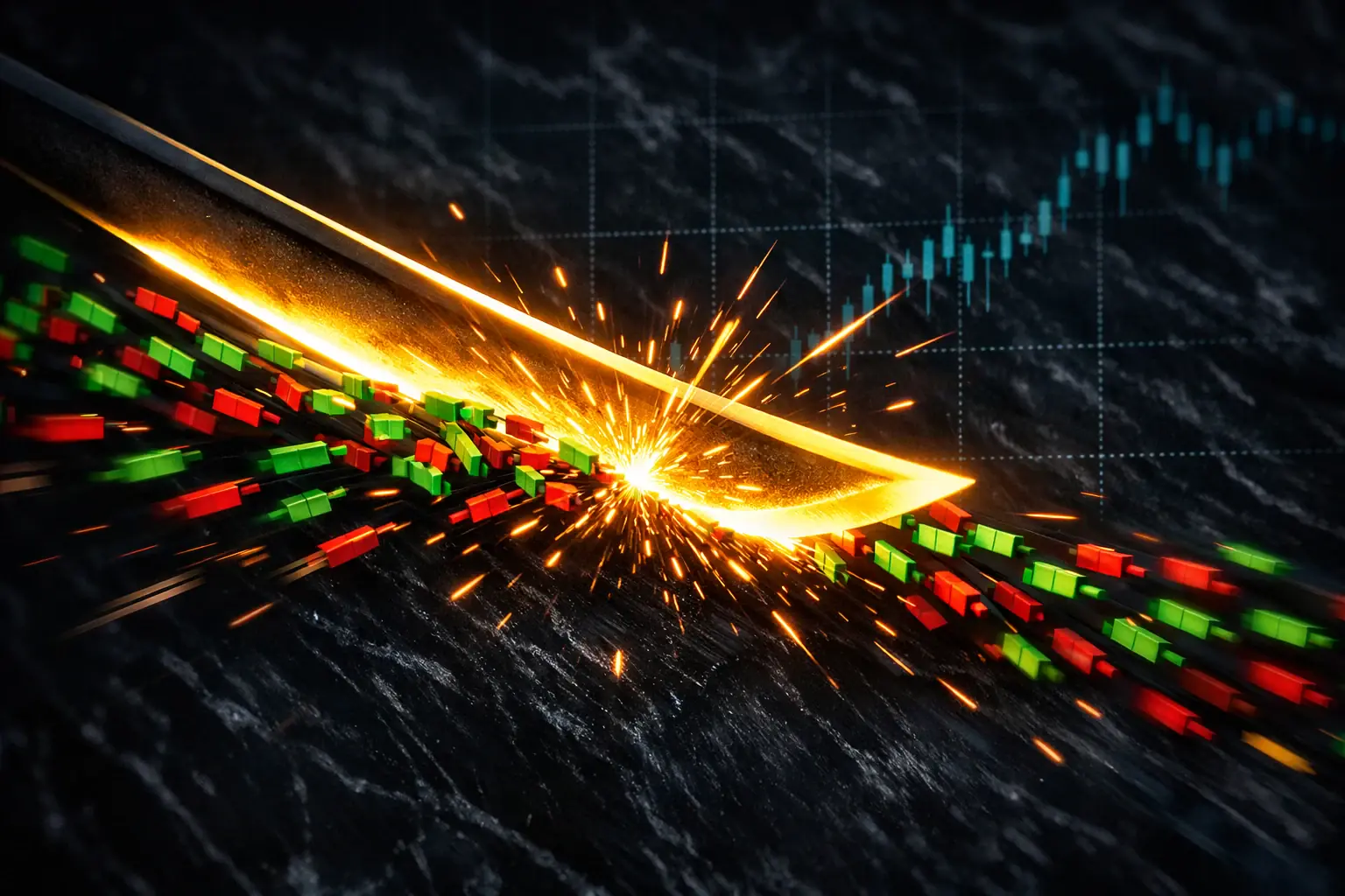 Golden stopwatch over rapid 1-minute candlesticks — crypto scalping strategy complete guide
