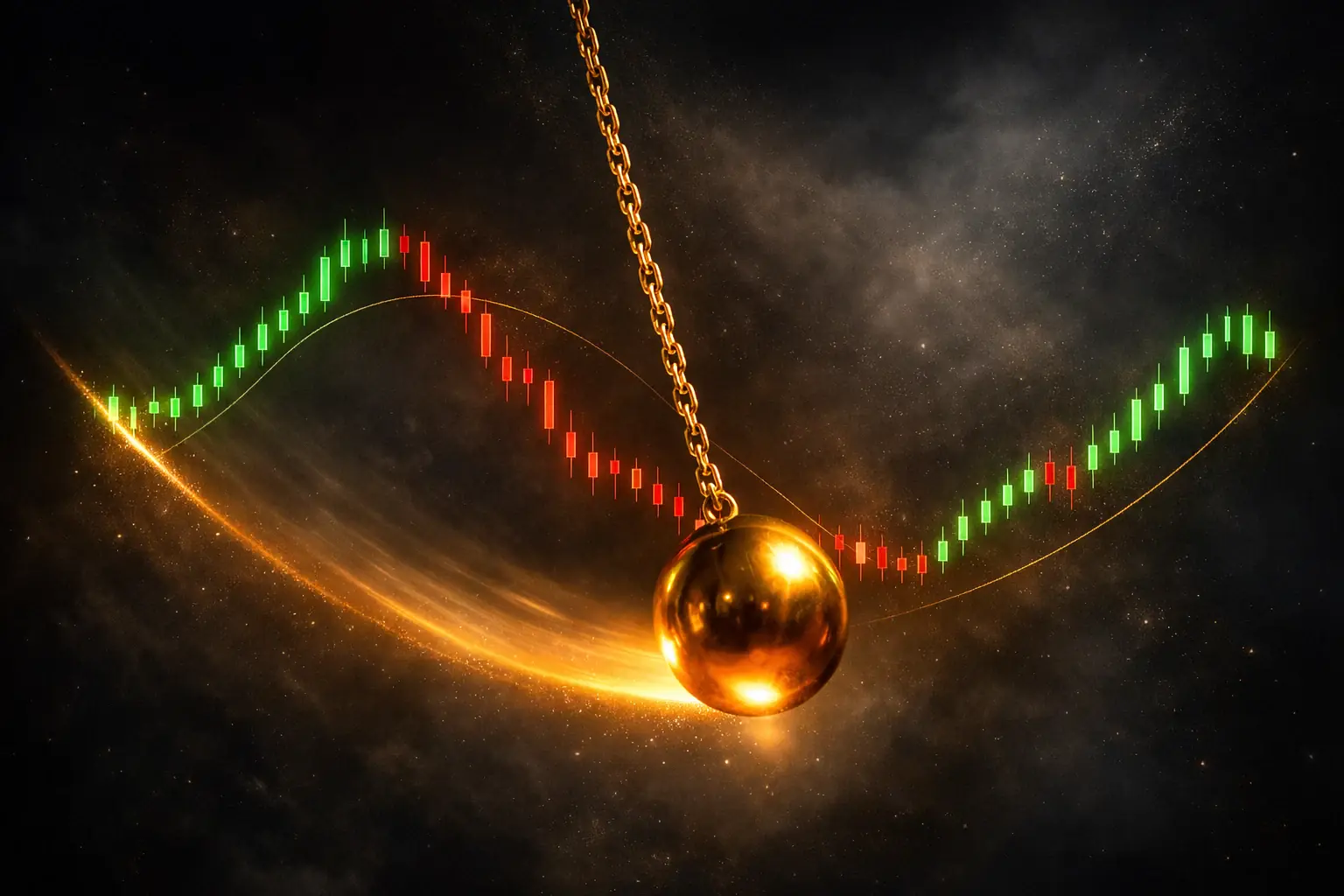 Golden pendulum swinging across candlestick swing highs and lows — crypto swing trading strategy guide