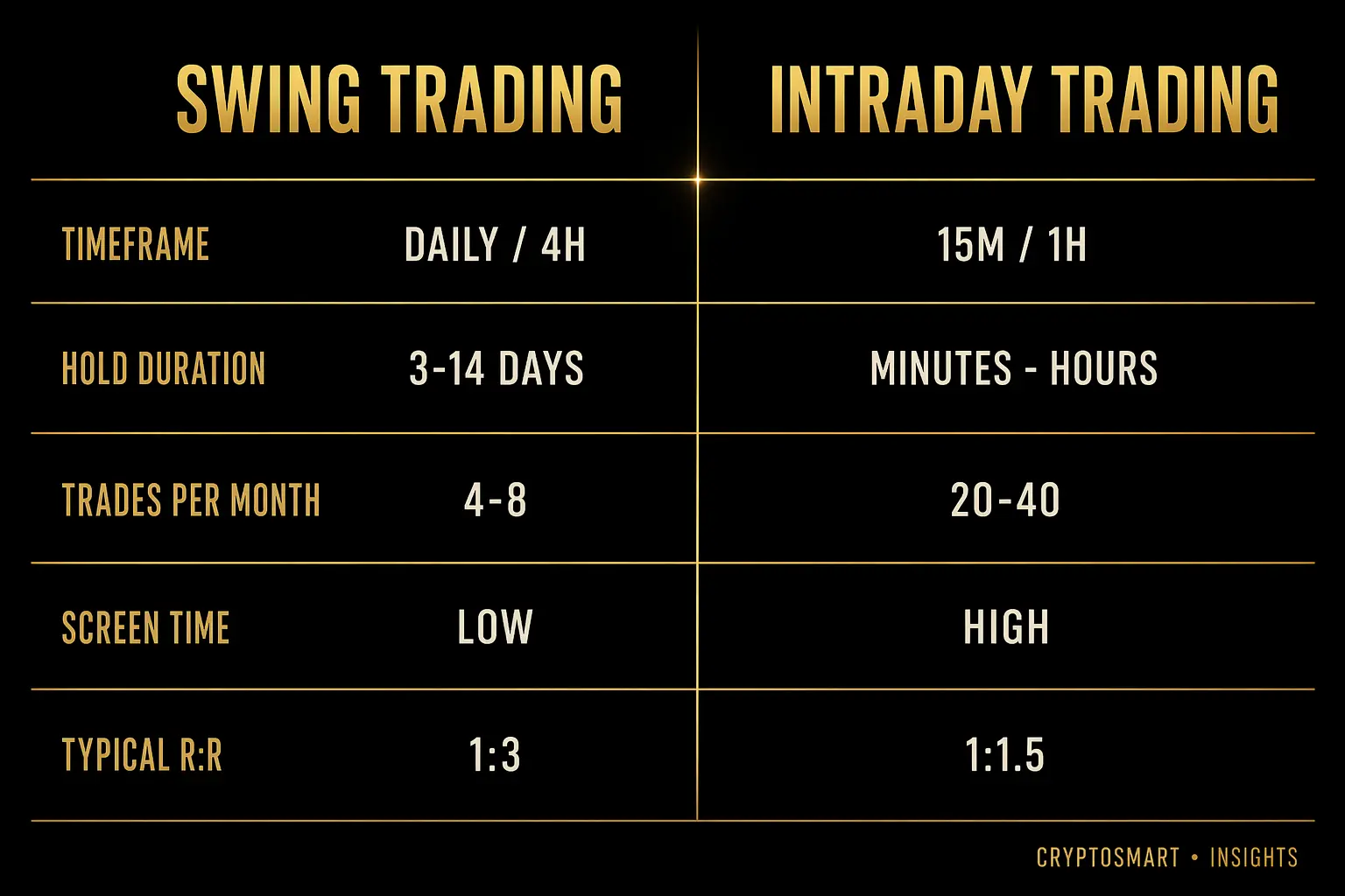 Swing trading versus intraday trading comparison table — timeframe, hold duration, trades per month, screen time, and risk reward ratios