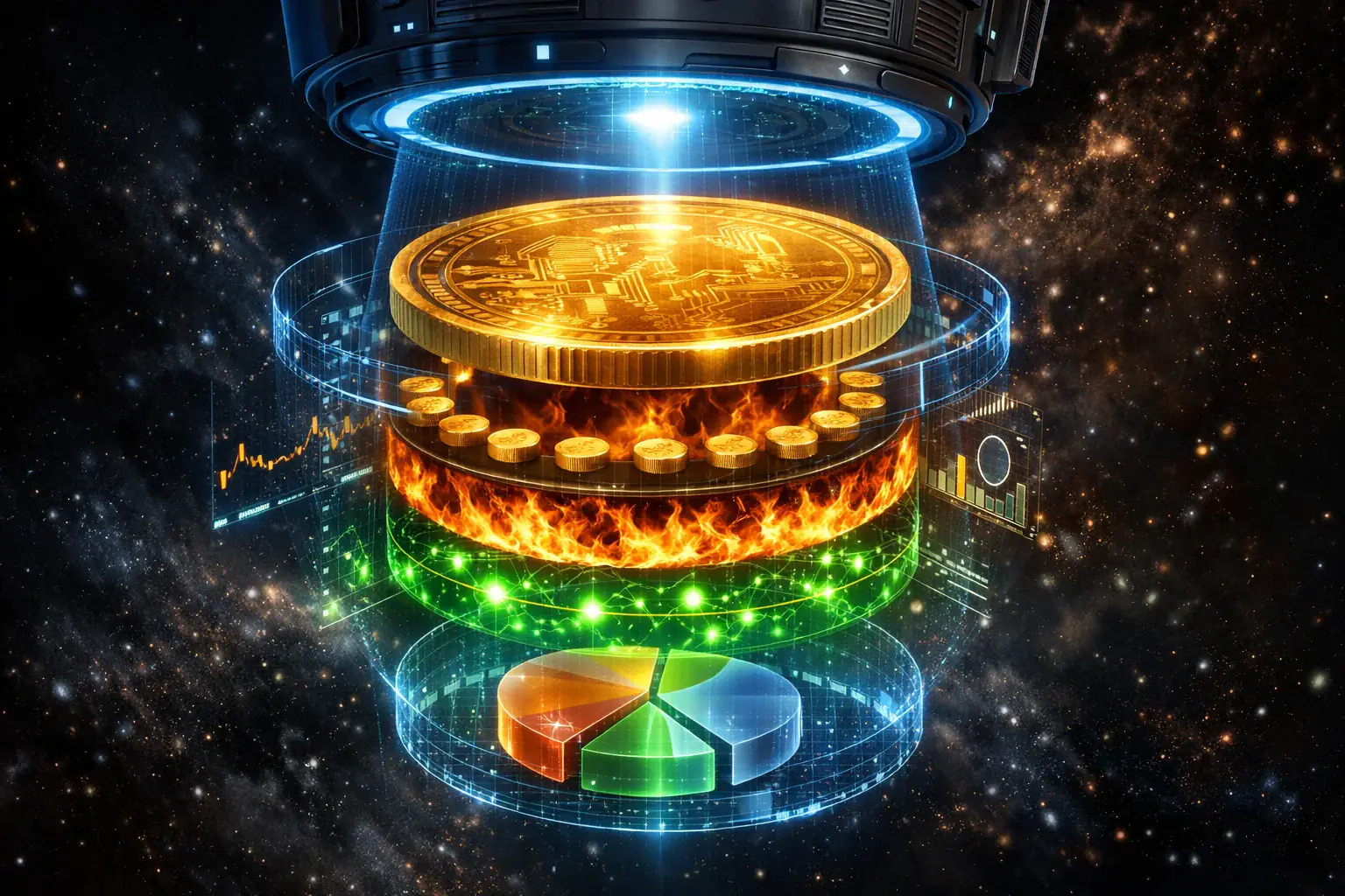 3D render of golden cylinder showing token supply breakdown with circulating locked team and reserve segments