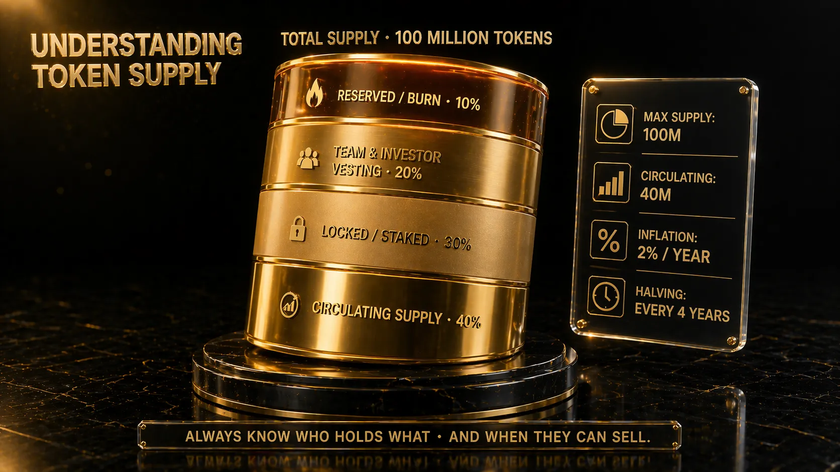 3D render of a golden cylinder showing four segments of token supply circulating locked team vesting and reserved