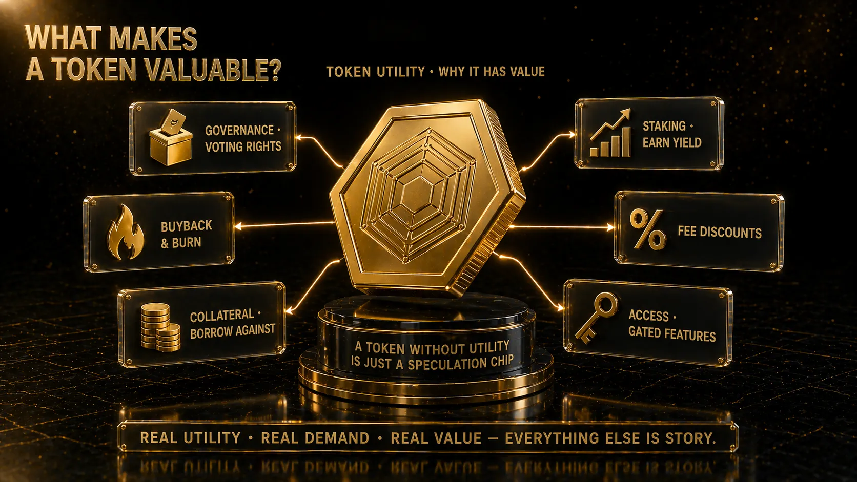3D render of golden hexagonal token at center with six utility function panels for governance staking fees access collateral and buyback
