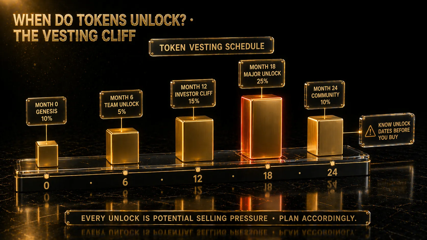 3D render of horizontal timeline rail with 5 gold blocks showing token unlock events at 0 6 12 18 and 24 months