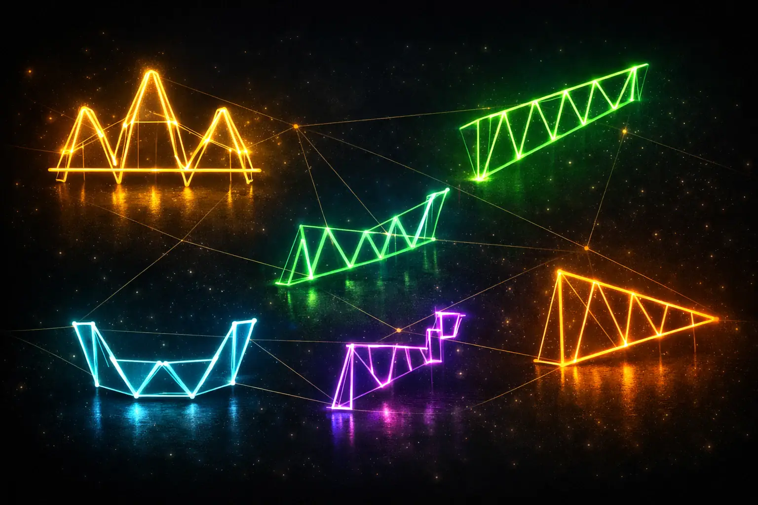 3D render of golden isometric candlestick chart with head and shoulders pattern — chart patterns complete beginner guide