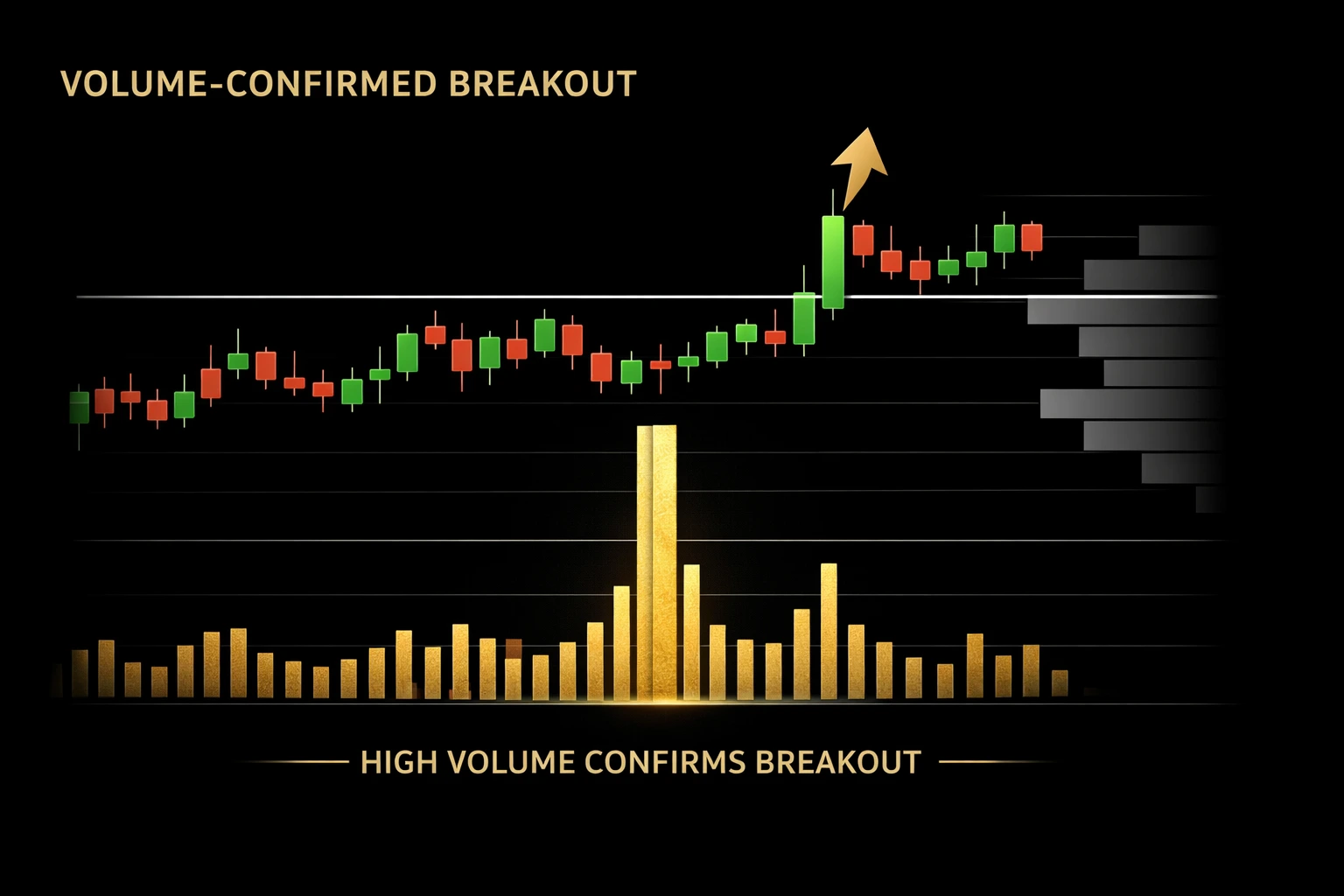 Volume-confirmed breakout with large volume bar at resistance break