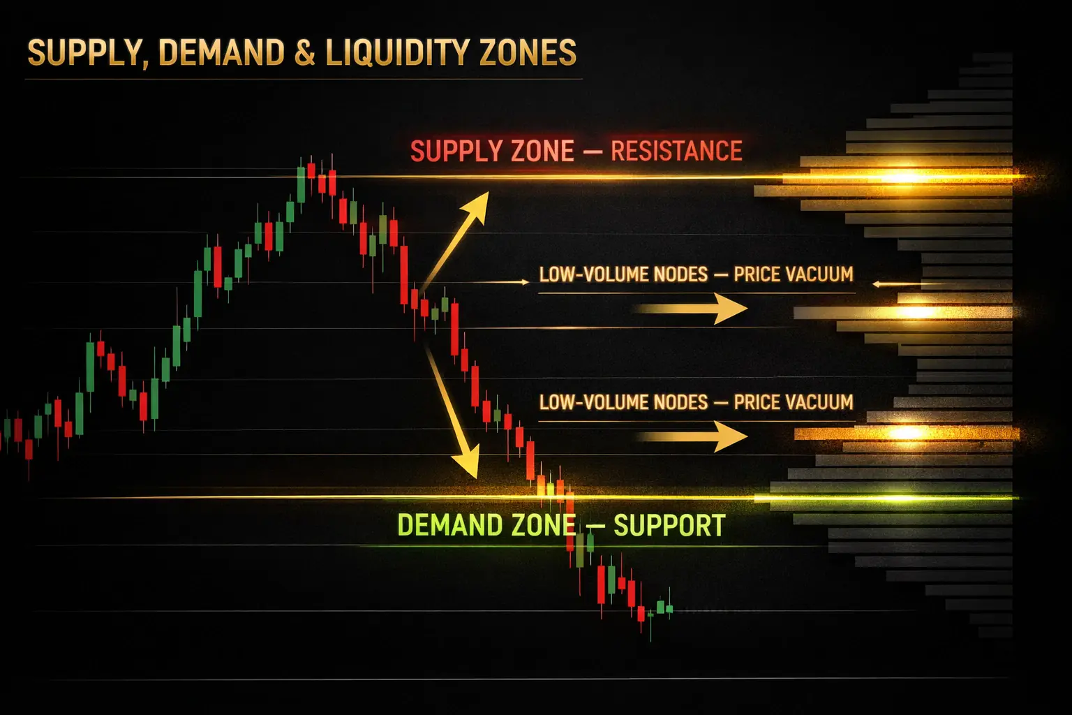 High volume and low volume nodes as supply and demand zones in volume profile analysis
