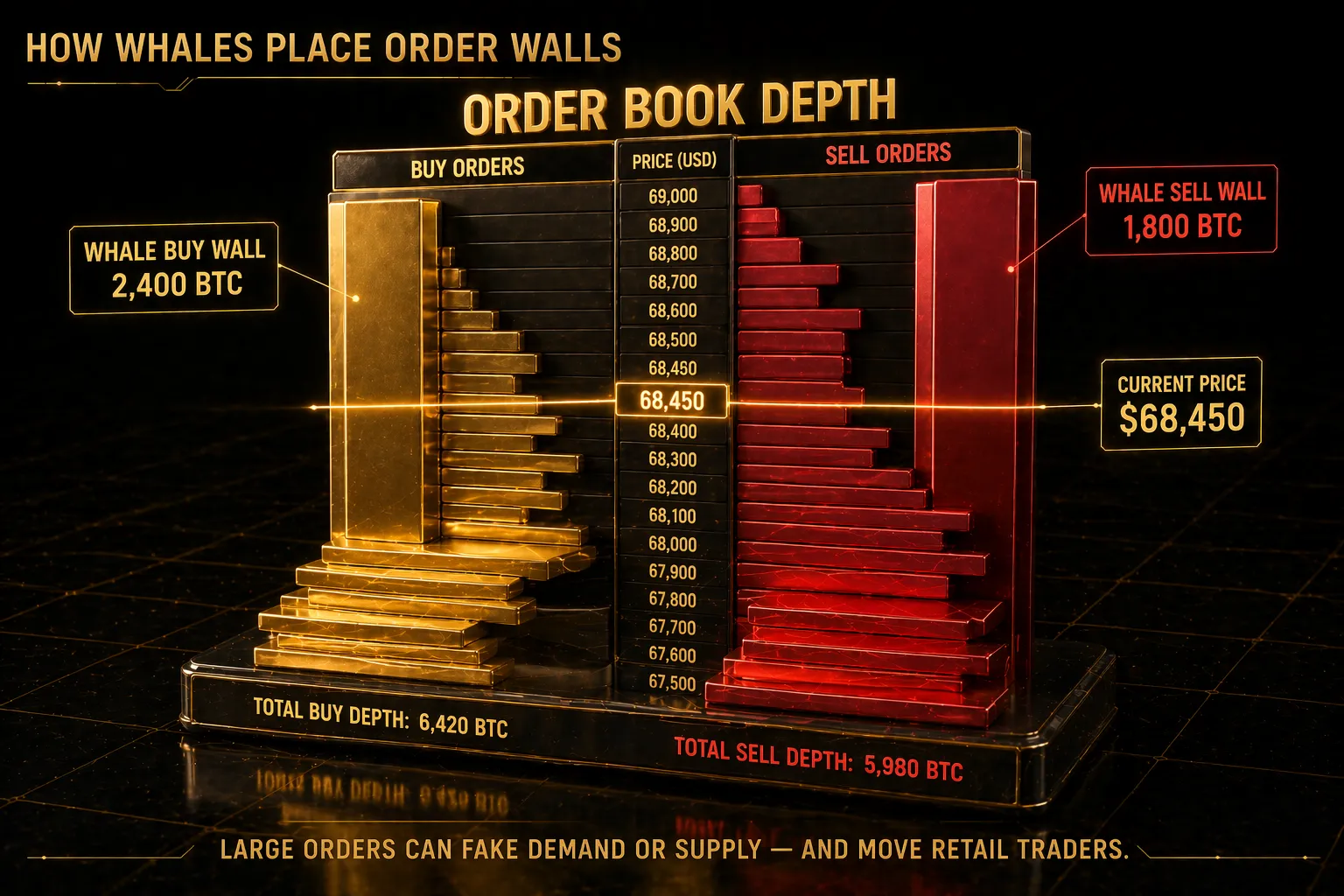 3D render of crypto order book showing massive buy and sell walls from whales at specific price levels with other order bars