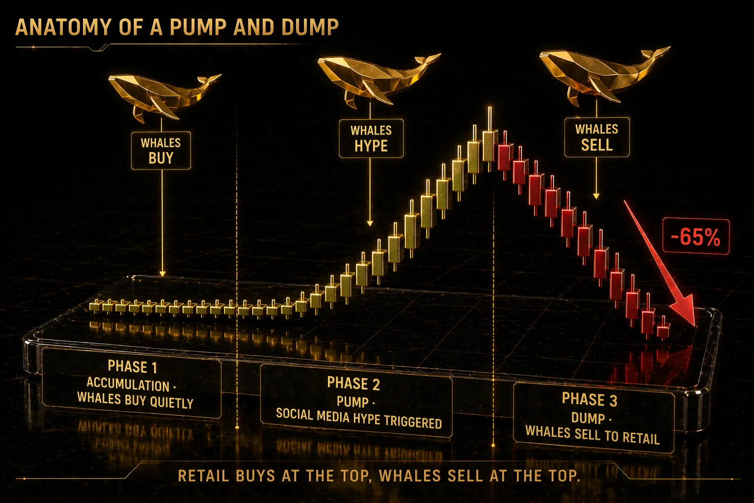 3D render showing pump and dump anatomy with accumulation phase flat then pump with green candles then dump with red crash candles