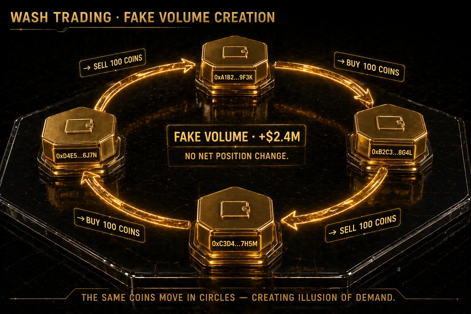 3D render showing wash trading loop with four wallet nodes connected by arrows creating fake volume without net position change