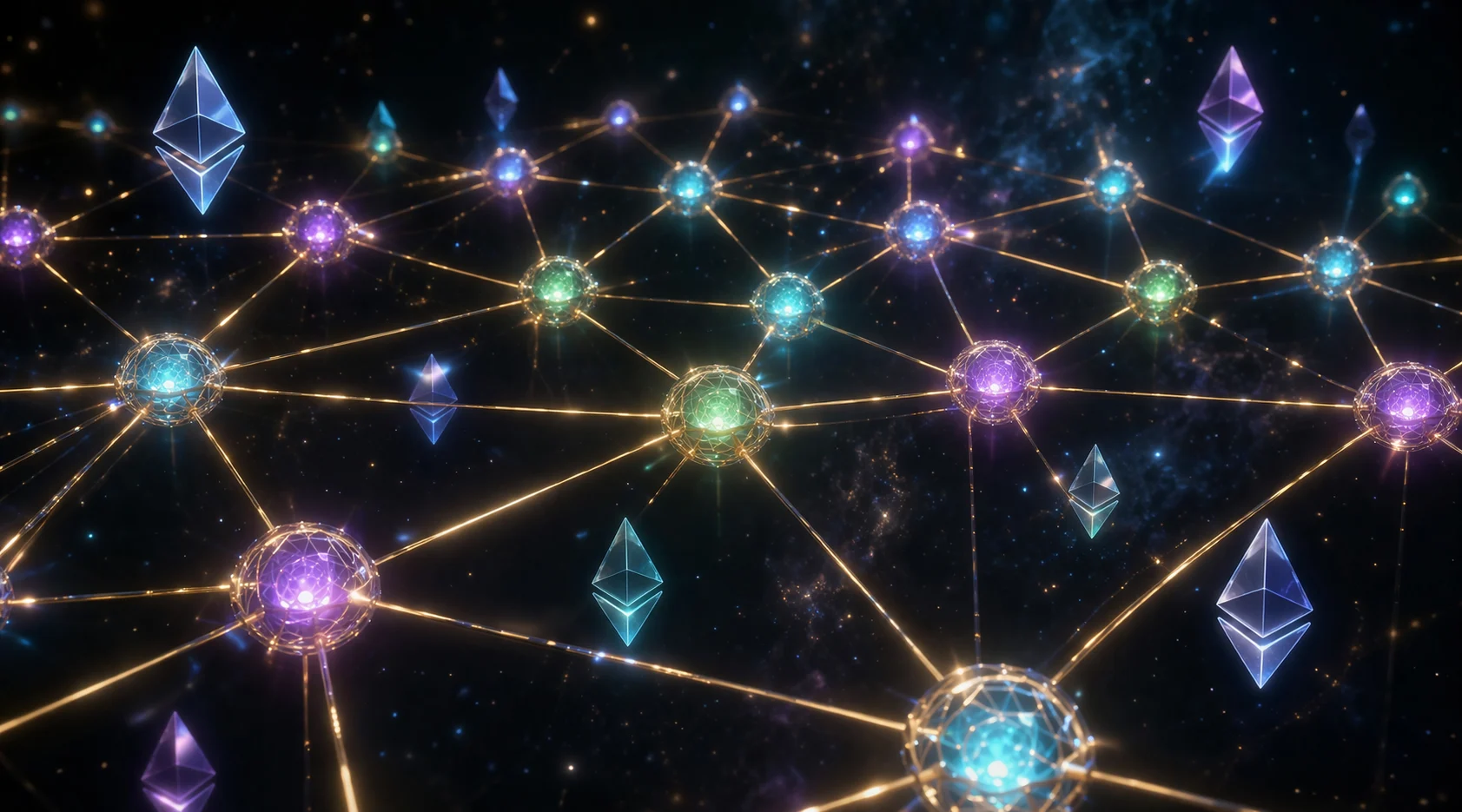 Golden interconnected nodes representing decentralized finance ecosystem — DeFi complete beginner guide